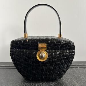Vintage 50s Koret Black Wicker + Gold Hardware Footed Woven Basket Bag